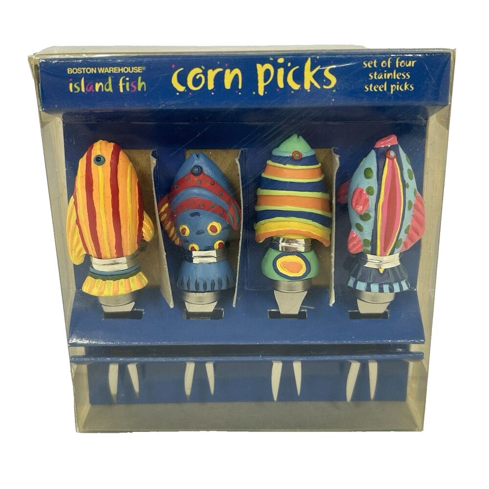 2003 Boston Warehouse lsland Fish Corn Pick Holders Set Of 4 Colorful Party
